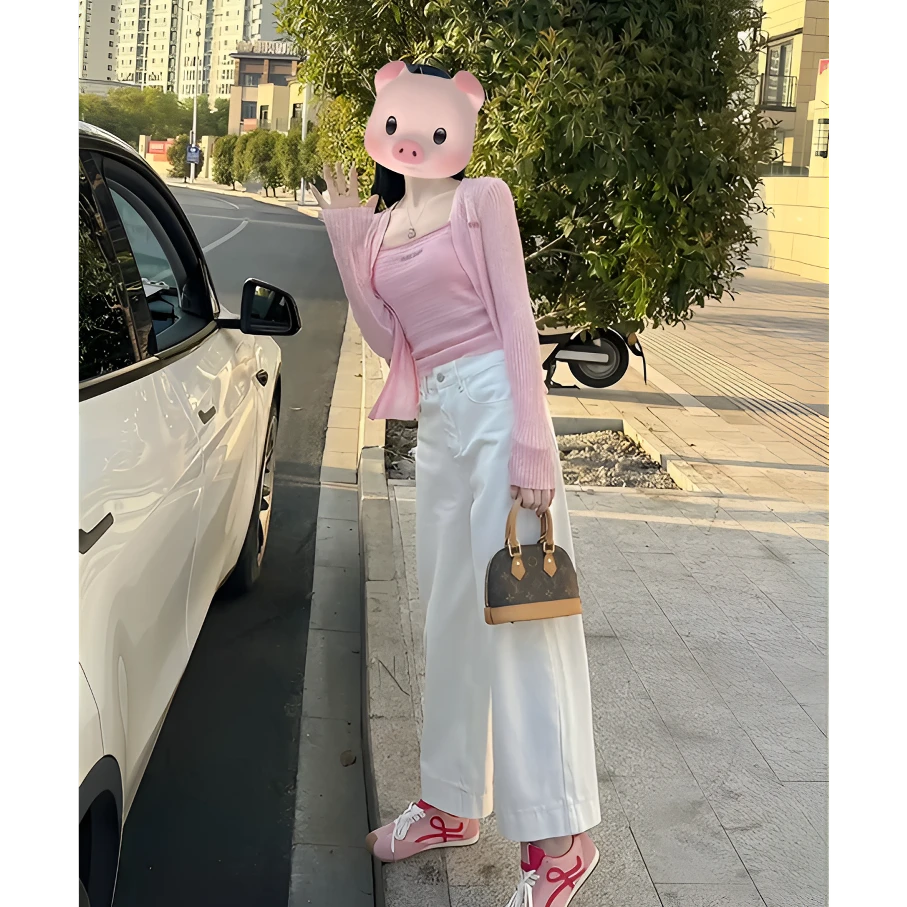 2025洋气出游服装女温柔风韩系时尚粉背心吊带针织开衫休闲直筒裤