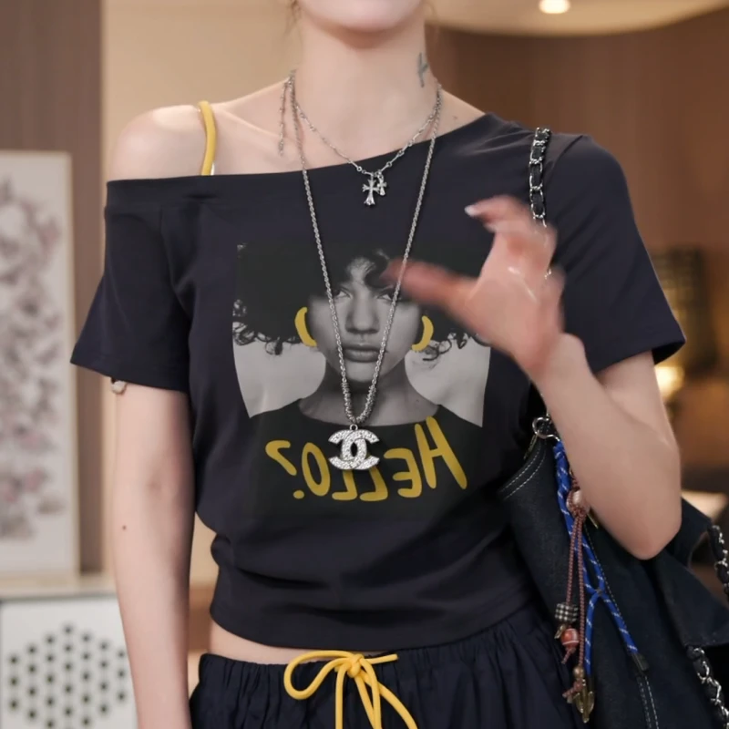 新款夏季2025斜肩设计感印花短袖t恤显瘦修身百搭LK2503673