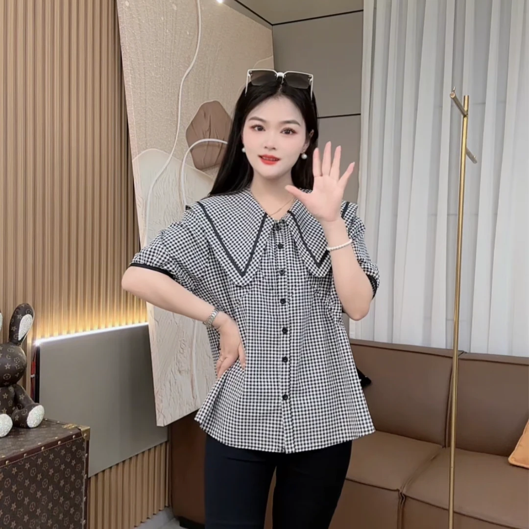 秋款格子娃娃领衬衫女设计感小众宽松衬衣复古日系上衣