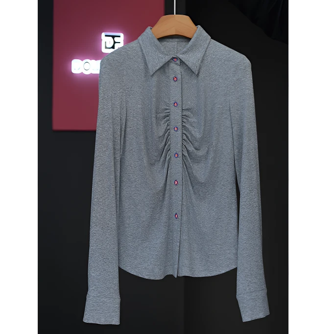 2025年早春新款褶皱显瘦休闲设计感百搭气质长袖衬衫衬衣