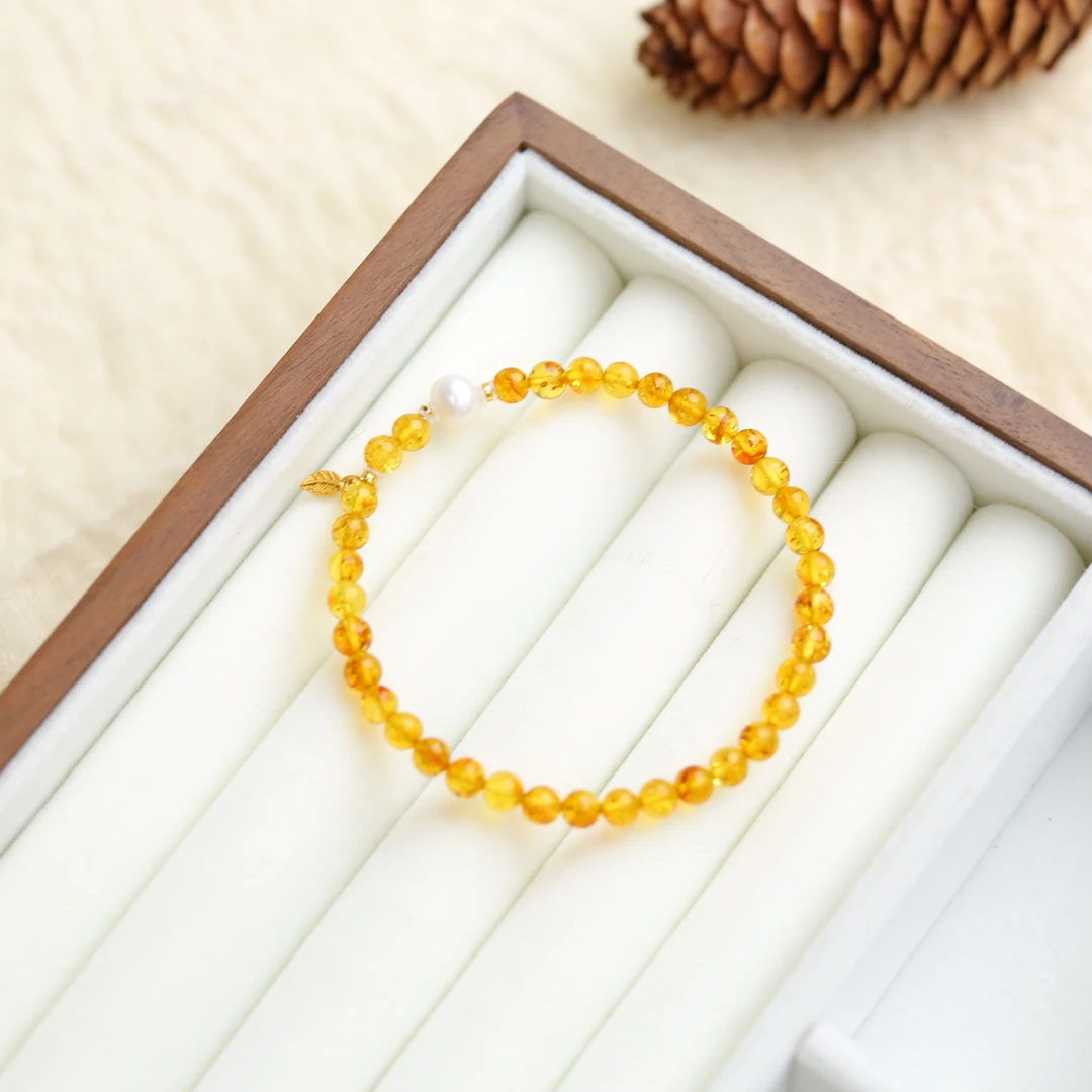 【云边】花珀 珍珠顶珠 单圈手串（多样性发货）