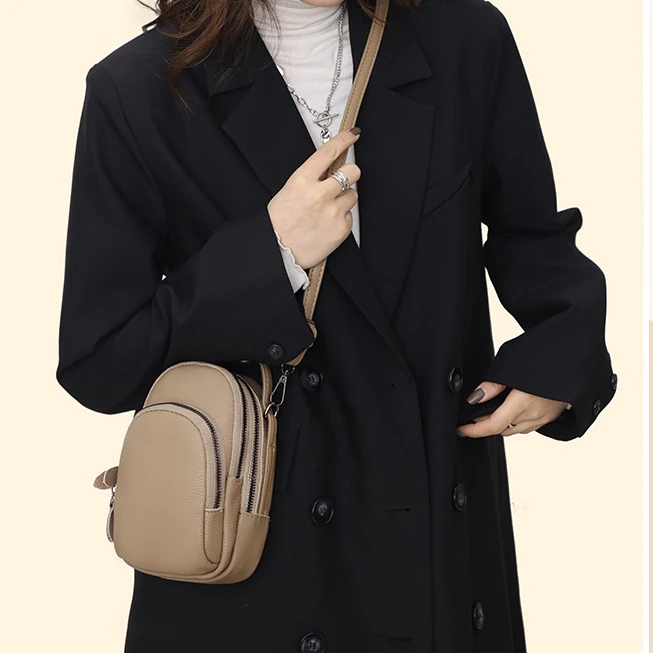 【头层牛皮】真皮女包单肩斜挎包三层手机包20406