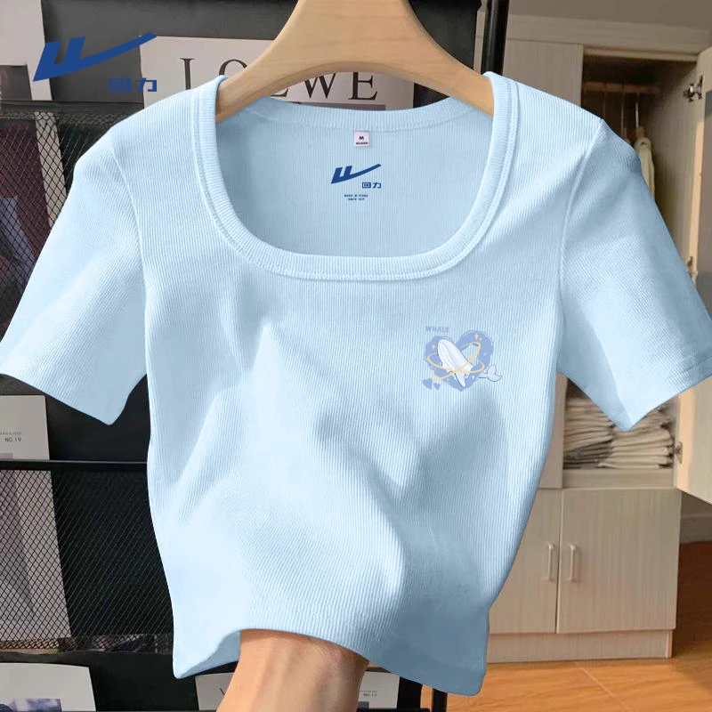 回力显瘦T恤多巴胺风格衣服纯欲风U领短袖夏季女装收腰短款半袖