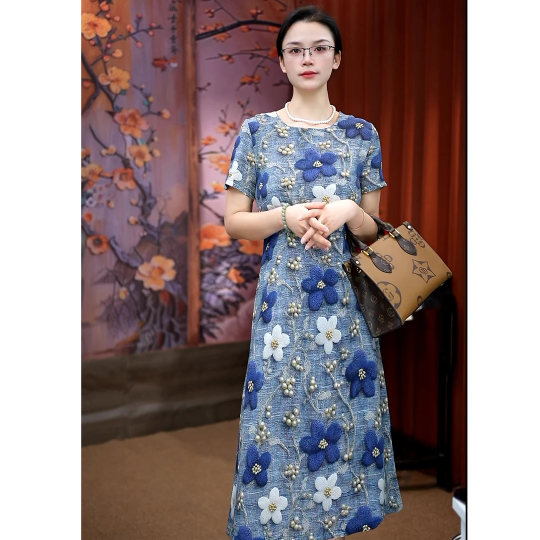 A06（珍珠紫叶）女装圆领连衣裙套头旗袍裙常规民族风不褪色裙子