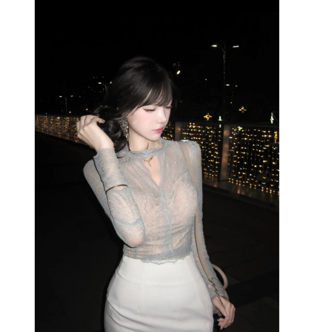 纯欲性感套装女秋季气质名媛蕾丝镂空长袖上衣显身材半身裙两件套