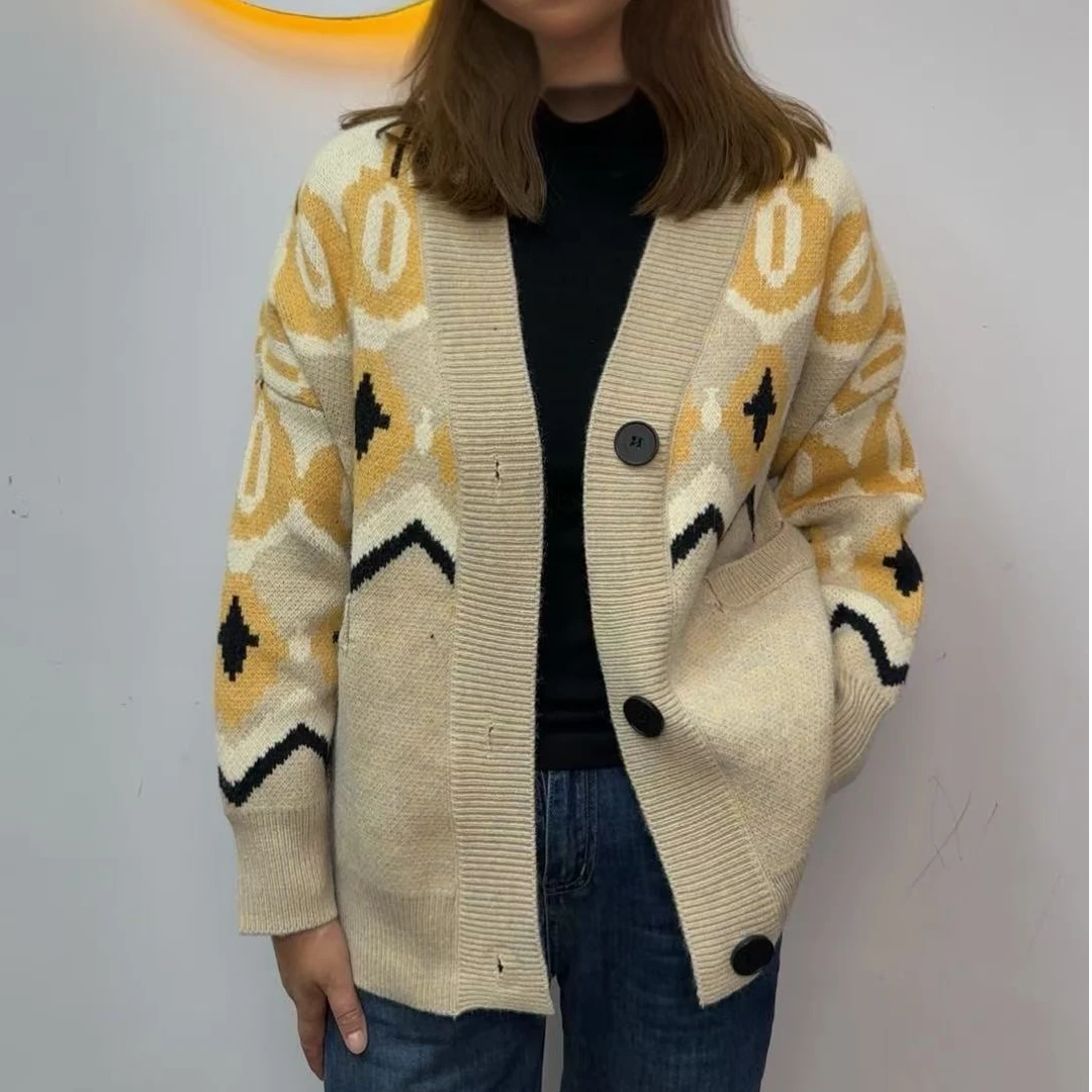 卓依福利-秋冬开衫毛衣百搭时尚上衣慵懒风针织宽松花格外套