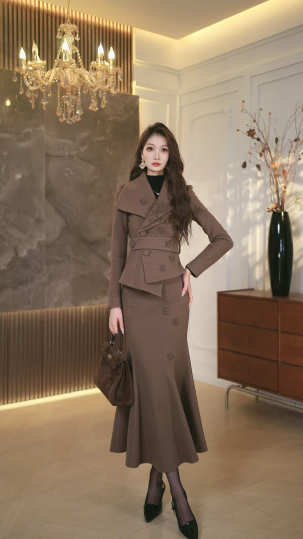 罗曼定制 高定原创收腰气质咖色通勤时尚上衣+鱼尾裙套装女冬新款