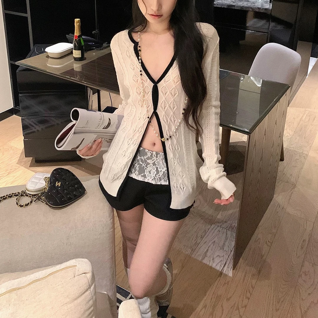 开衫毛衣外套女长袖v领镂空性格纯欲风辣妹外穿设计感针织上衣