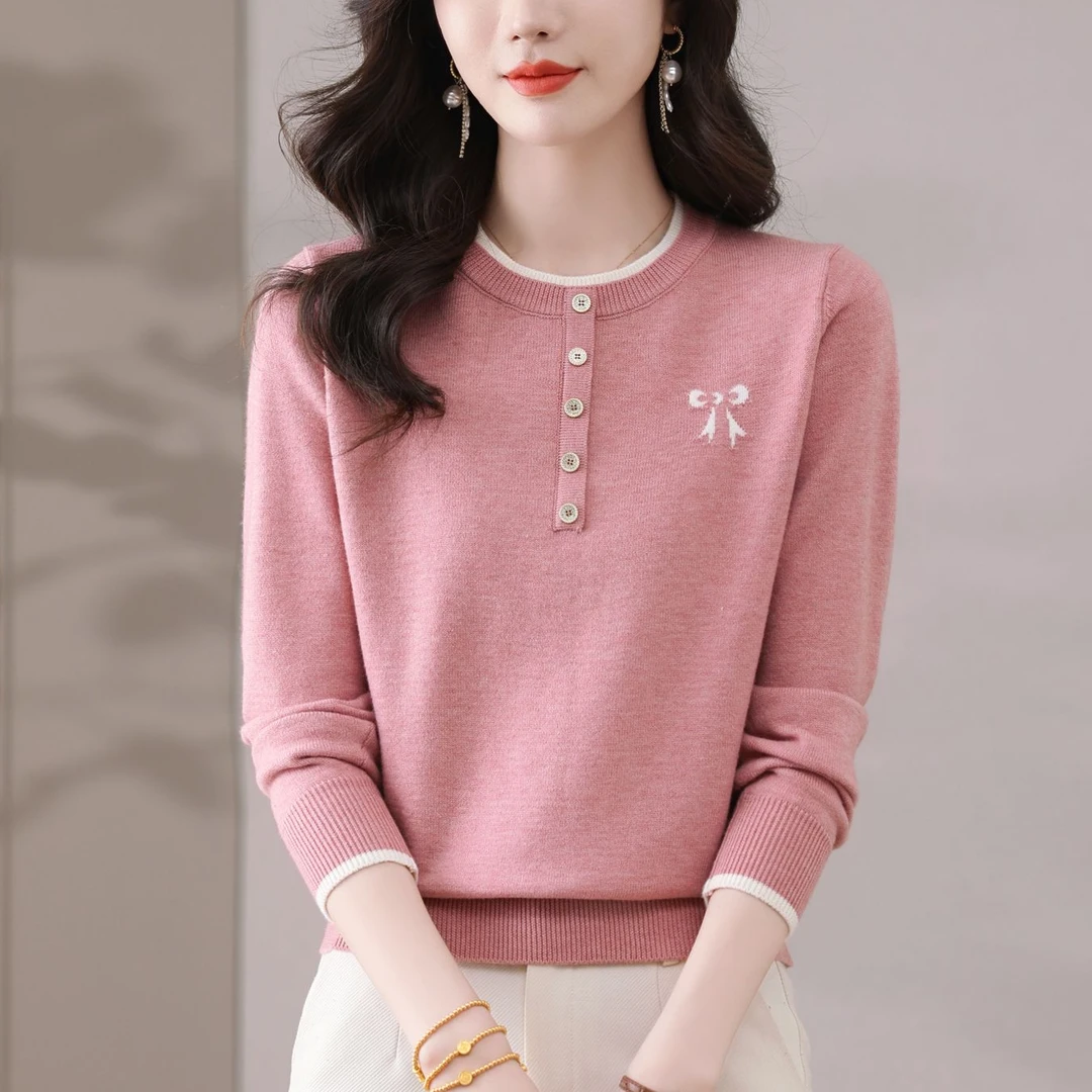 洋气秋冬新款蝴蝶结圆领长袖针织上衣宽松显瘦减龄套头保暖打底衫