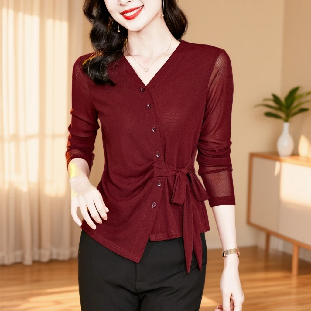 系带长袖常规V领秋冬弹力修身T恤百搭设计感洋气春夏薄款纯色小衫