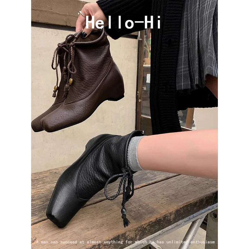 2025通勤复古法式方头内增高短靴及踝裸靴民族风蝴蝶结后拉链单鞋