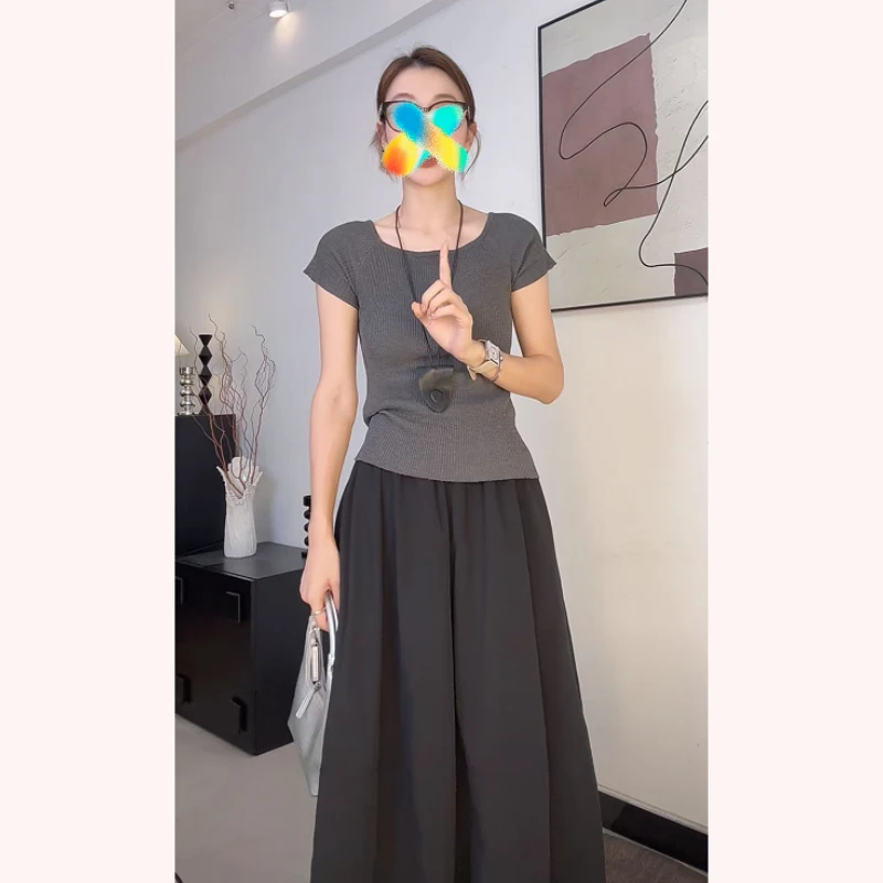 2025夏季时尚百搭两穿一字肩女装短袖针织衫两件套套装