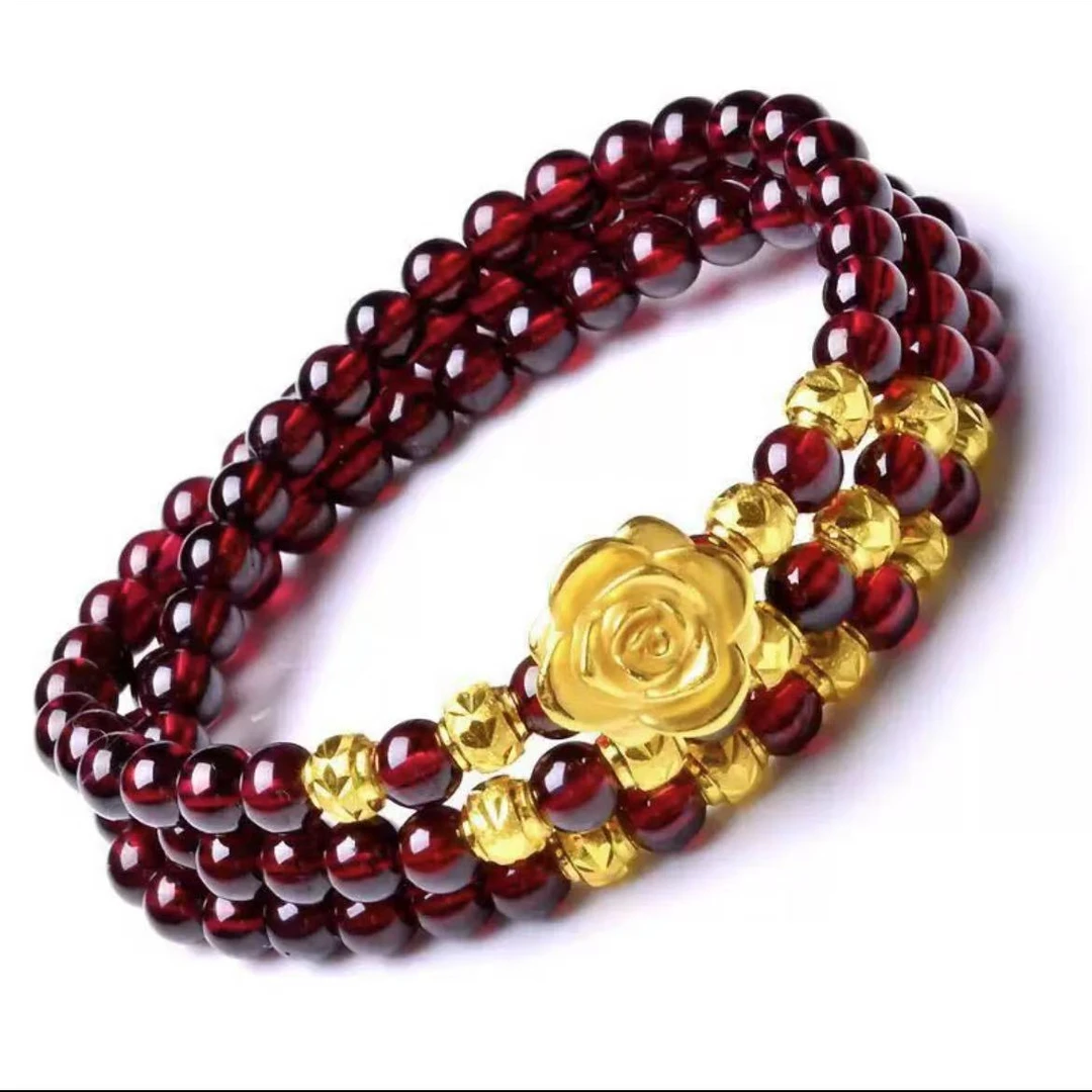 YT【黄金补贴】足金玫瑰花搭配天然石榴石108颗手串（证书、礼盒）Z804