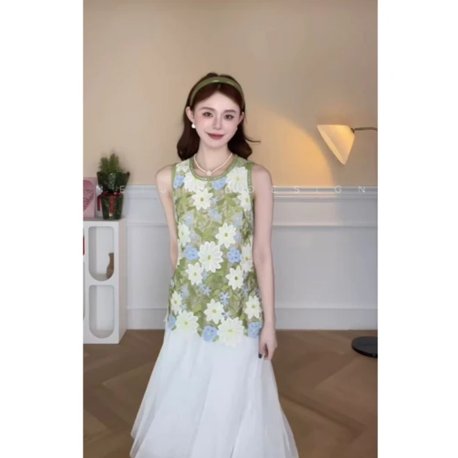 美静【古巷美诗】绿色碎花连衣裙XMZH6902