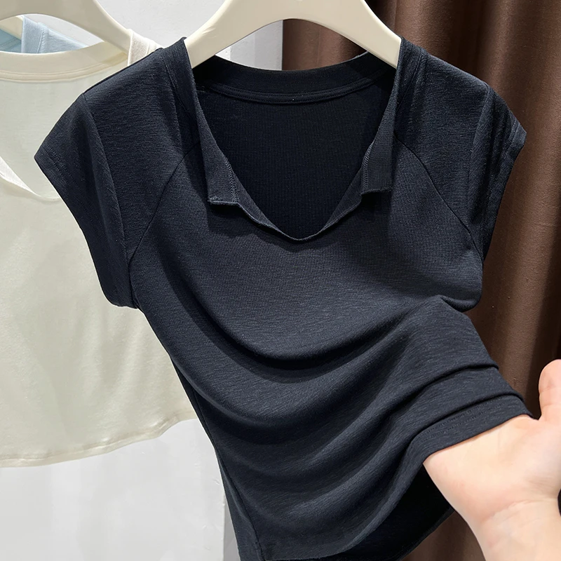 黑色正肩修身短袖打底衫夏季新款内搭软糯针织短款V领T恤上衣女