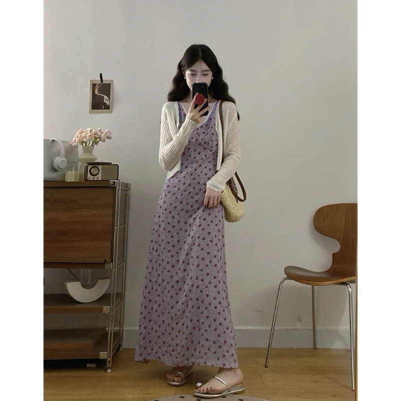 大码夏季法式度假风V领收腰吊带连衣裙针织长袖开衫洋气温柔穿搭