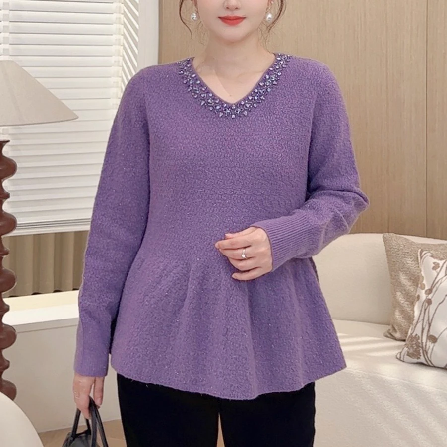 【亮丝重工钉珠收腰针织衫】MsShe大码女装春装法式毛衣E2410005