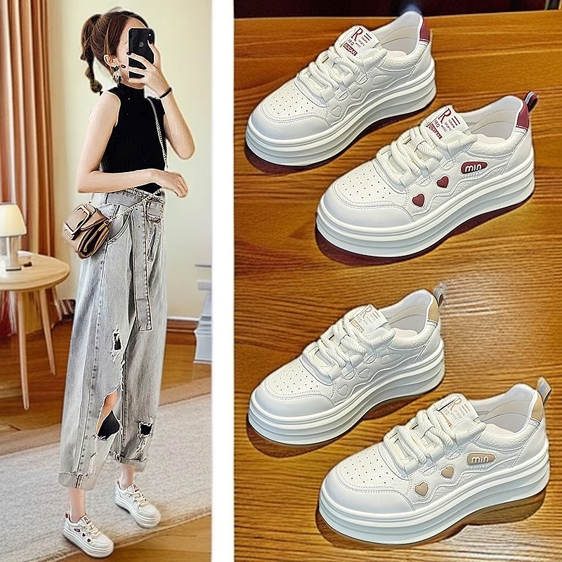 真皮高帮小白鞋女2025春季新款运动休闲鞋百搭透气厚底增高学生鞋