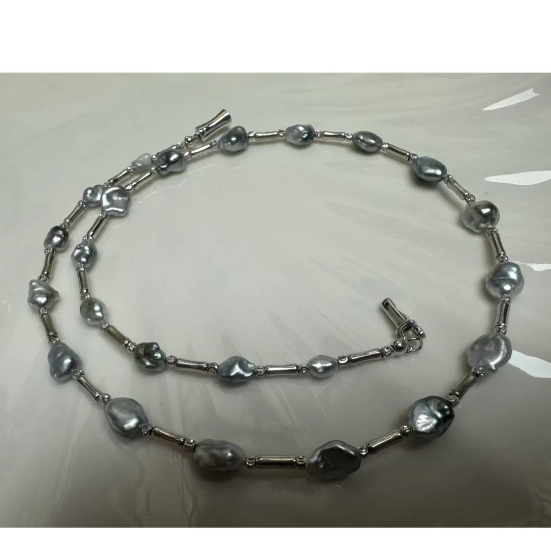 禧家天然海水大溪地keshi珍珠（6.65g）铂金灰4-7mm+S925银扣头项链