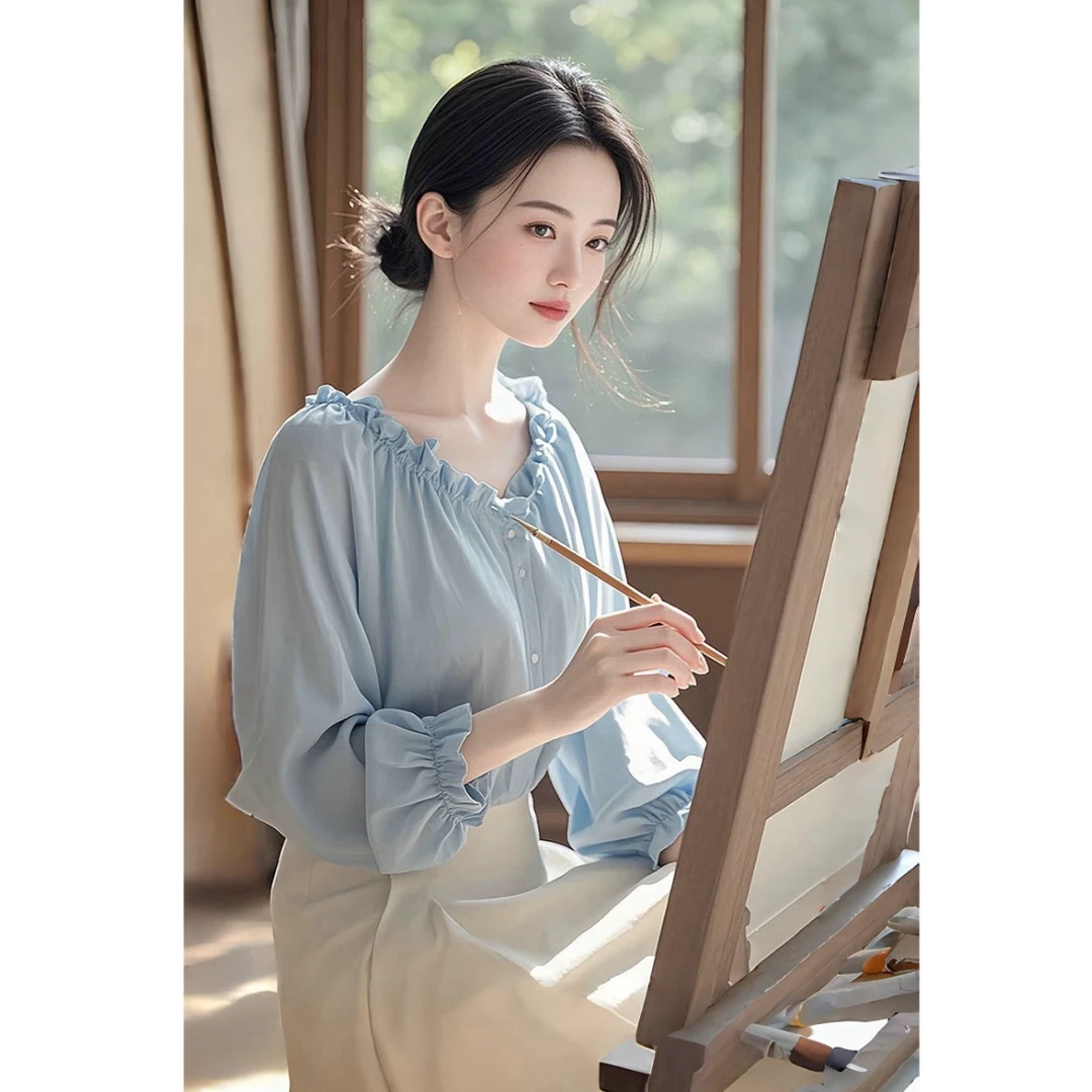 （8143）韩系chic别致独特超好看上衣减龄气质小个子蓝色衬衫女装