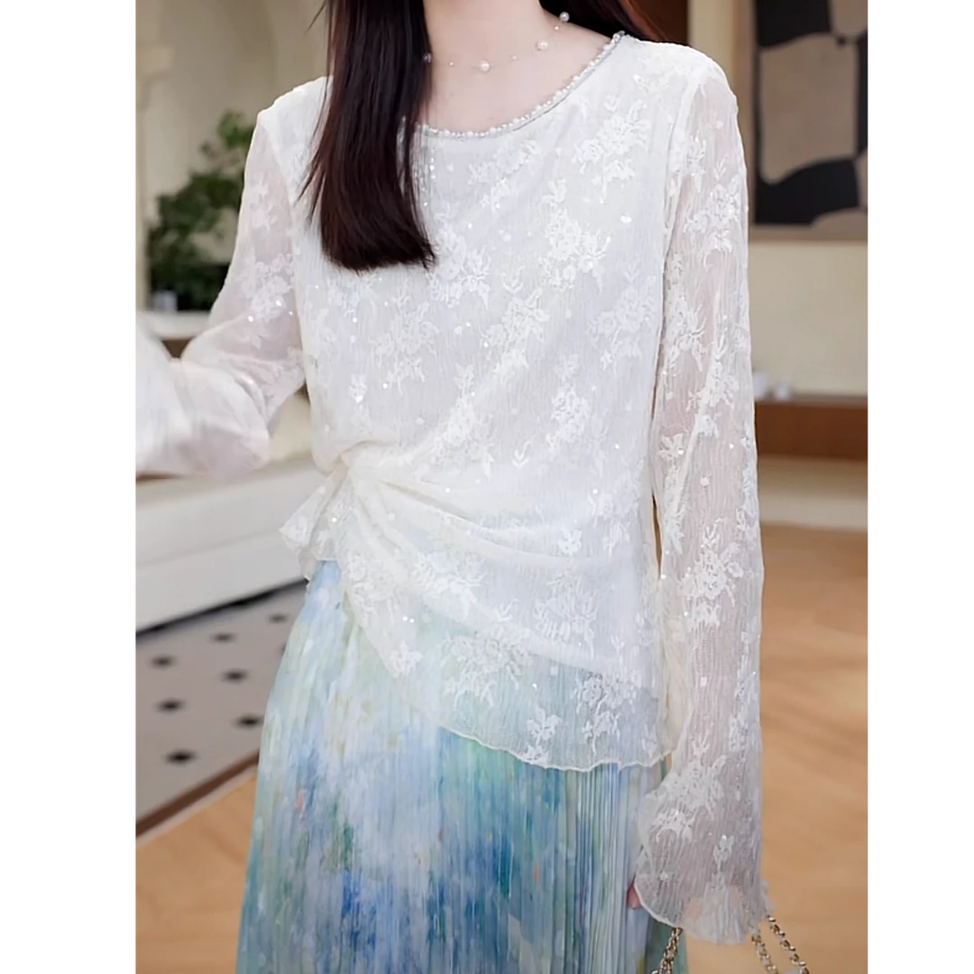 设计师重工钉珠长袖网纱T恤女2025夏季新款宽松显瘦百搭防晒上衣