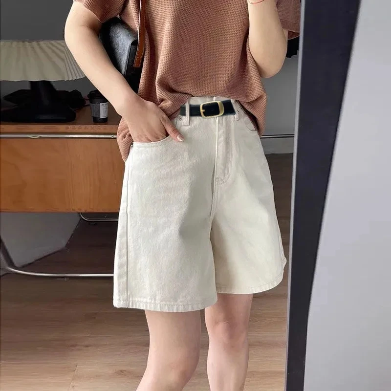 【配腰带】大码杏色牛仔短裤女夏款胖mm高腰宽松显瘦阔腿裤子时尚