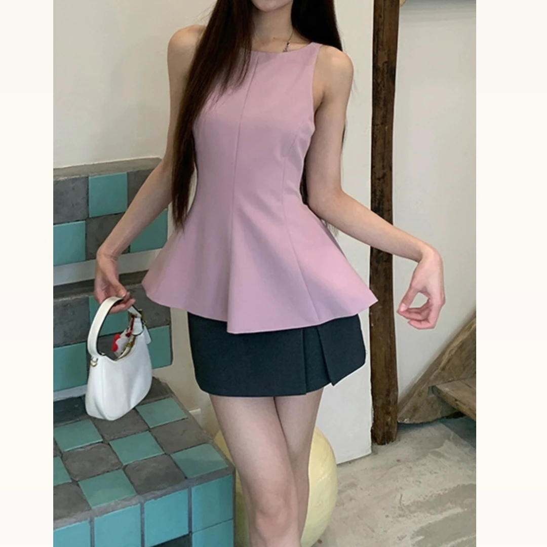 粉嫩佳人夏季韩系无袖吊带设计感小众修身露背绑带短款背心57044