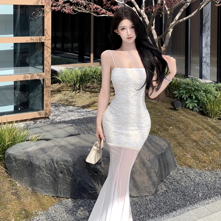 性感白色蕾丝吊带连衣裙女网纱拼接显瘦包臀裙夏季超仙氛围感裙子