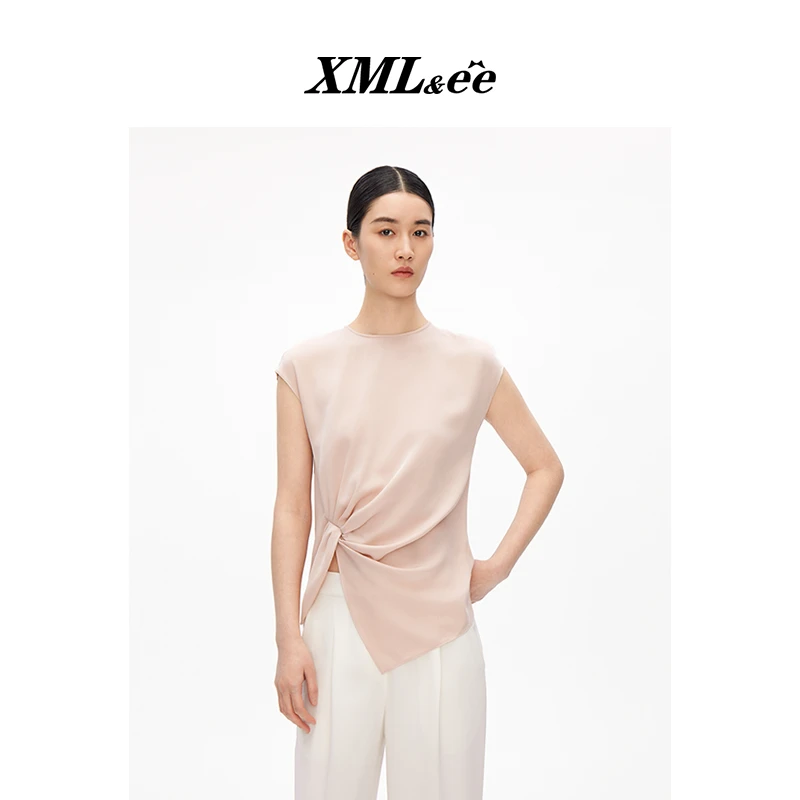 XMLee艾米尔 100%桑蚕丝褶皱百搭圆领短袖 X424B4269