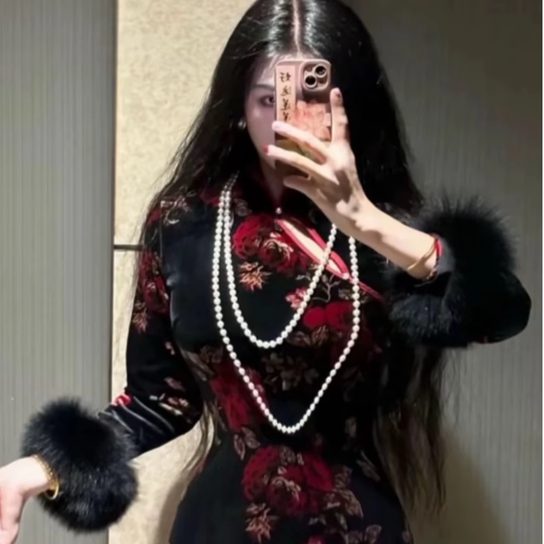 画报夫人高级丝绒显瘦国风旗袍  瑶花