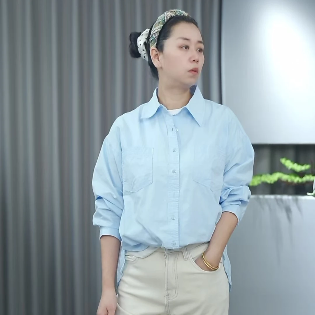 宽松大码蓝色纯棉衬衫休闲时尚纯色百搭外套461