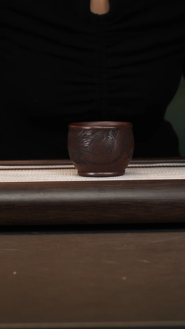 茶壶紫砂石红刻绘杯