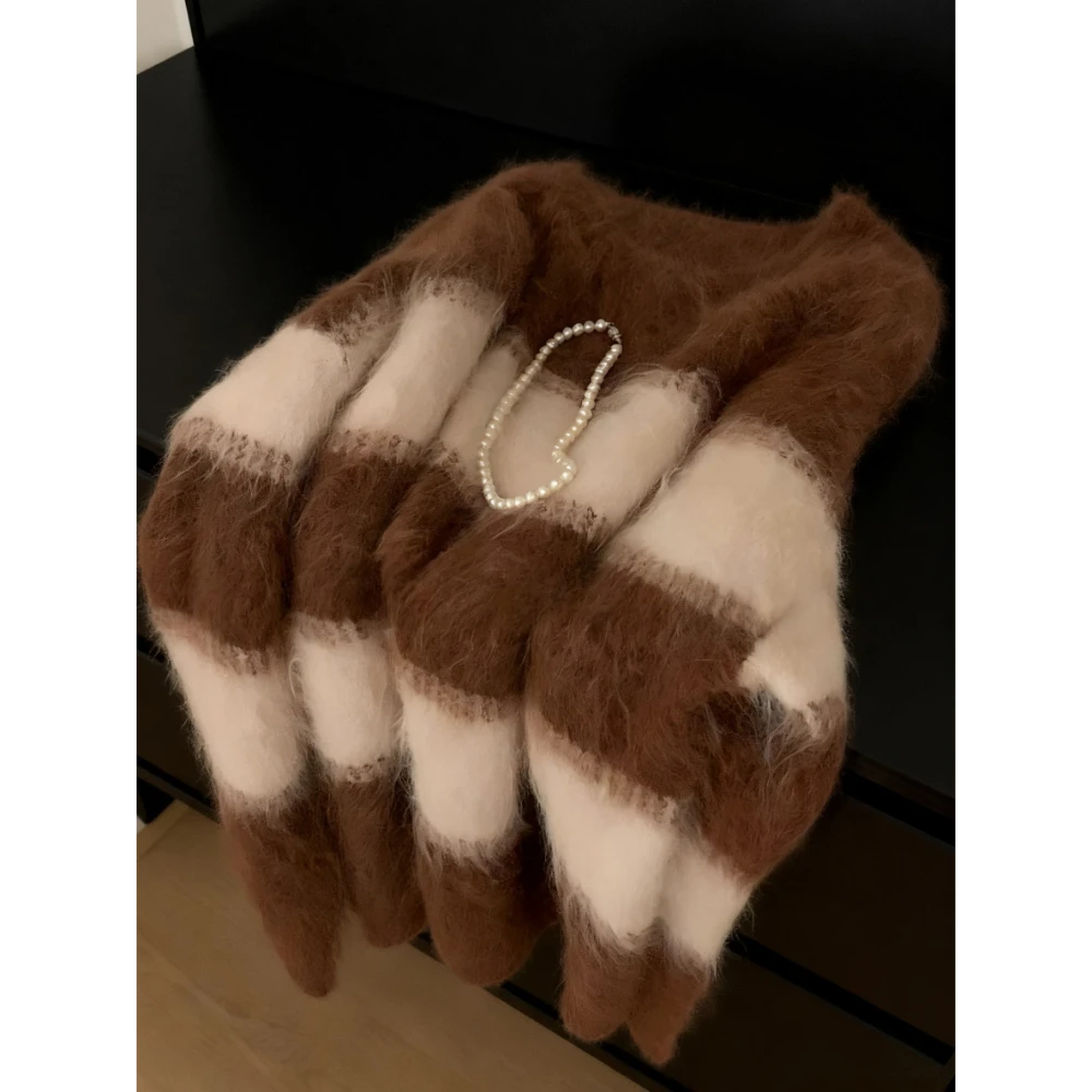 真心舒服！巨推荐！板栗色条纹毛衣女秋冬新款百搭慵懒风针织衫上衣