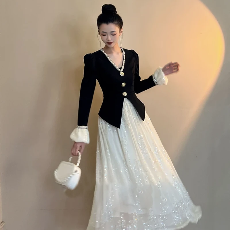 【有里布】2025新款大裙摆拼接时尚收腰高档气质时尚连衣裙D0310