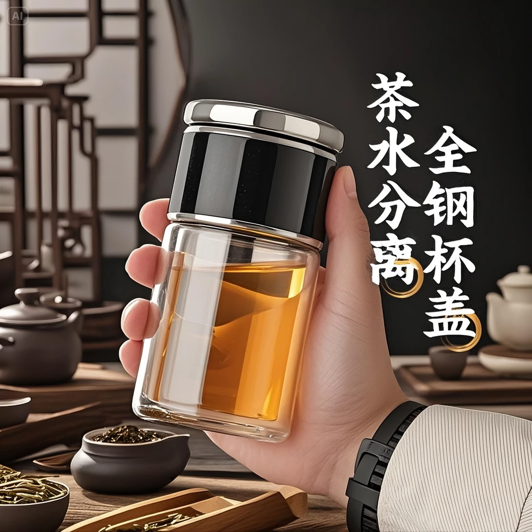 士隔热分离双层洋气泡茶杯大容量高档防烫玻璃茶水分离杯茶杯玻璃