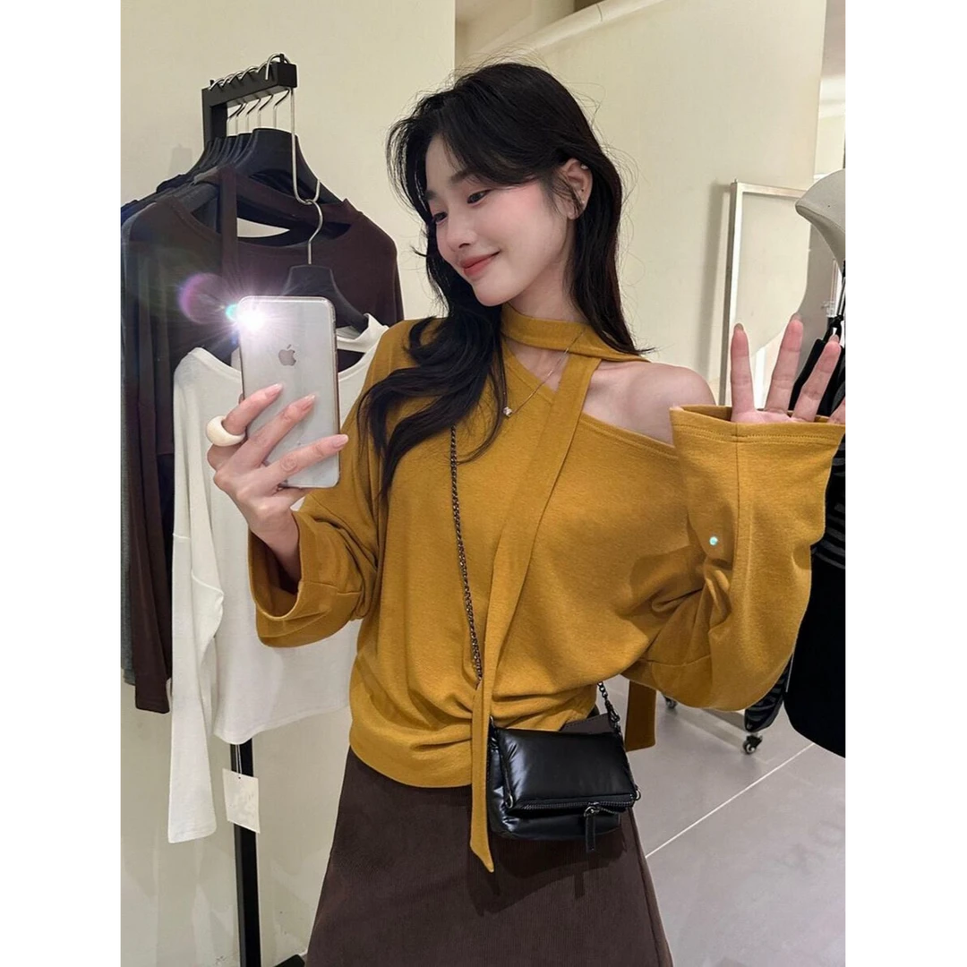 2025秋冬新款韩系德绒大码一字肩长袖T恤飘带设计感春秋冬上衣
