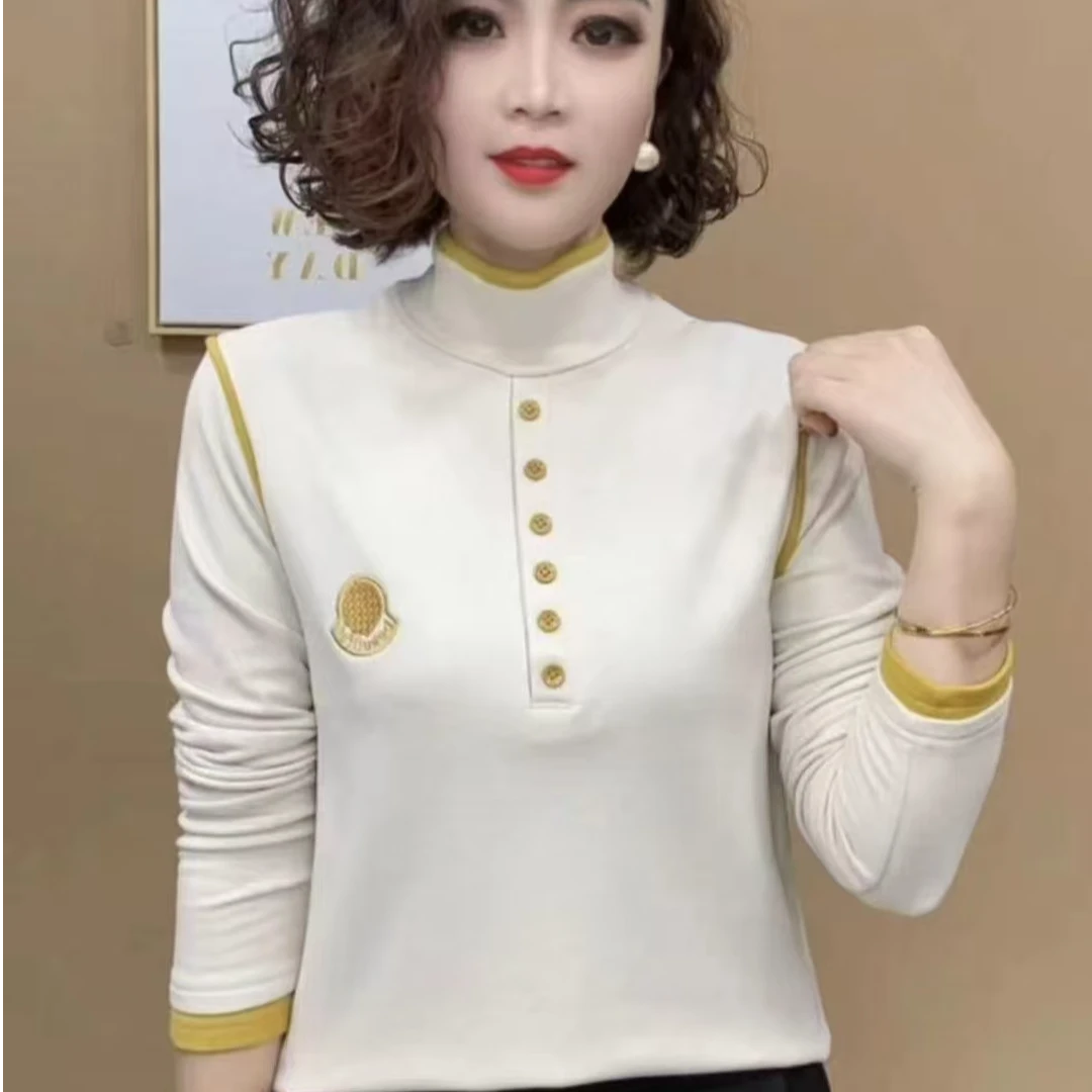 冬季新品拼接长袖一体绒加厚气质减龄休闲百搭修身上衣打底衫女