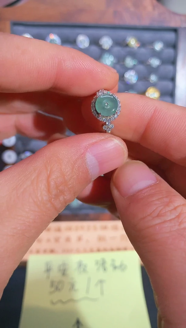 银S925镶嵌戒指翡翠დ***℘S925银镶翡翠平安扣女饰品