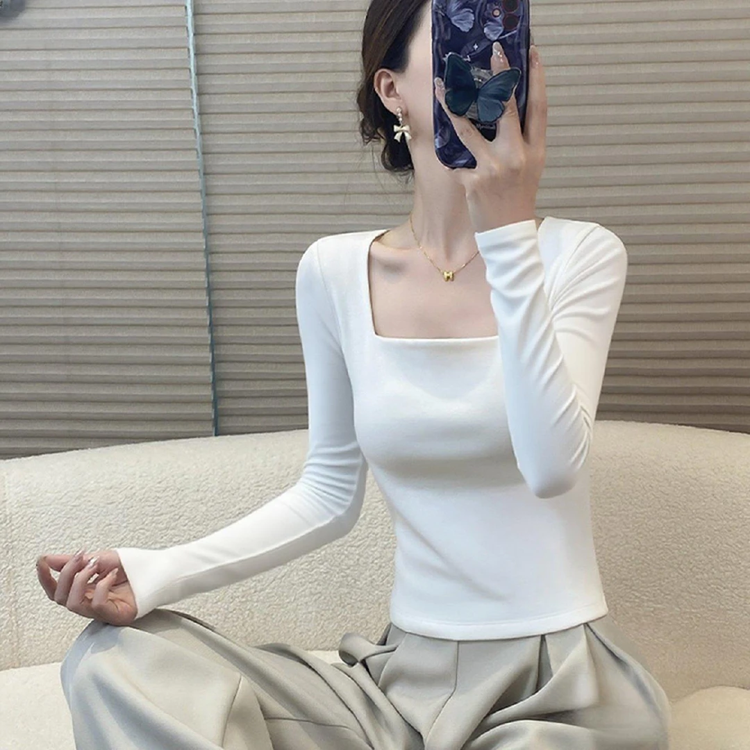 白色方领长袖t恤2025早秋冬季女装新款内搭打底衫修身设计感上衣