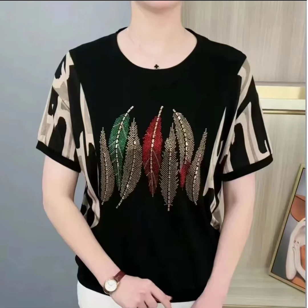 中老年上衣夏季新款烫钻时尚宽松洋气胖MM妈妈装圆领拼接长袖T恤