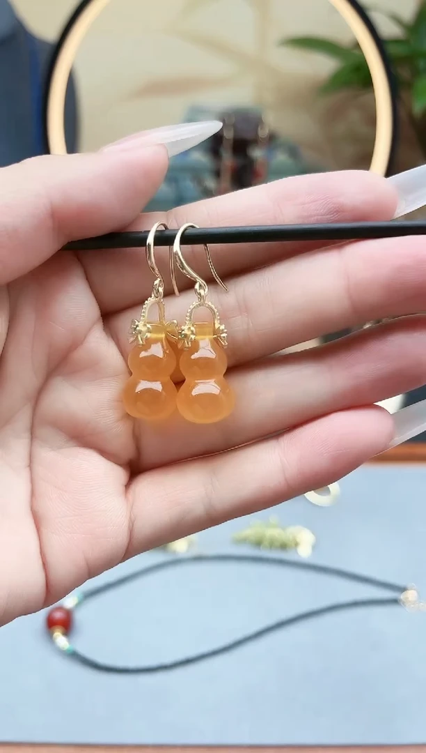玛瑙/玉髓耳饰银S925镶嵌00黄色葫芦