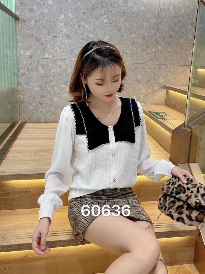 60636洋气宽松外穿V领镂空针织雪纺拼接百搭显瘦时尚长袖上衣