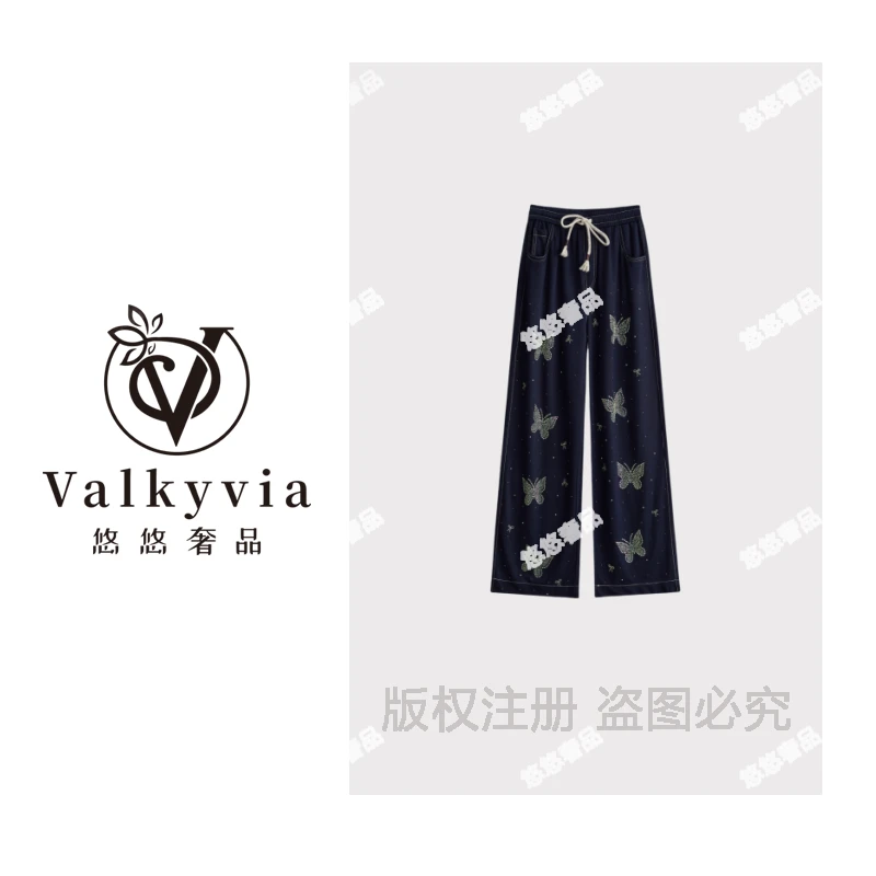 【Valkyvia/悠悠奢品】牛仔烫钻蝴蝶抽绳设计休闲裤msl554