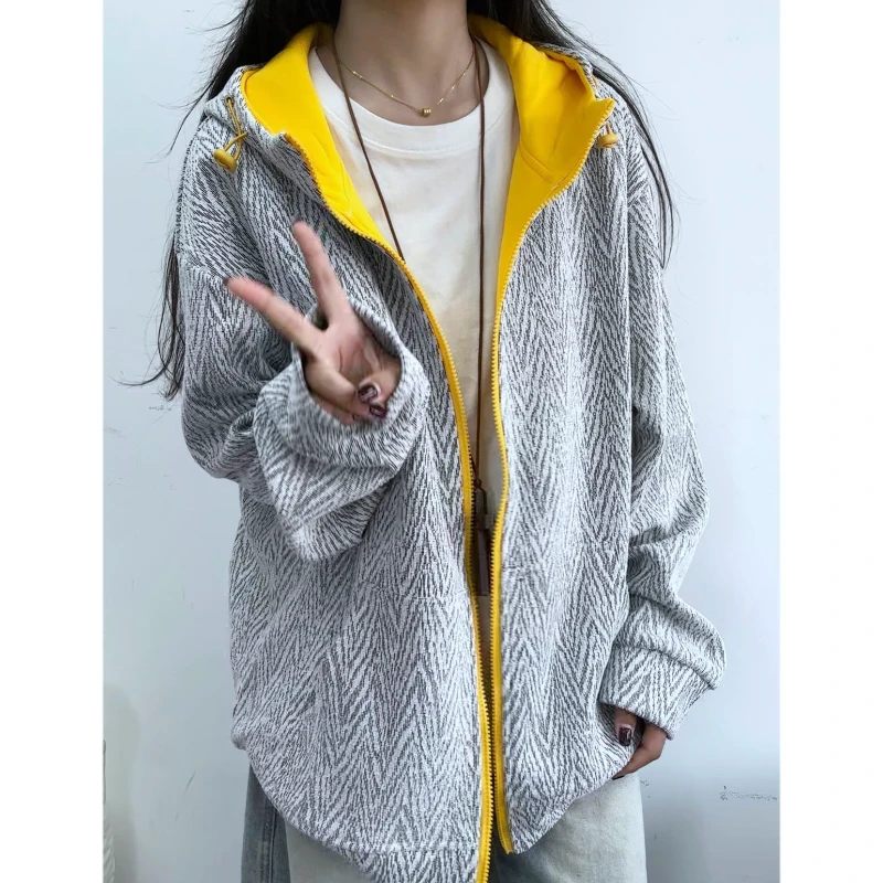 美式撞色人字纹卫衣男款秋季重磅复古连帽开衫小众设计感情侣外套