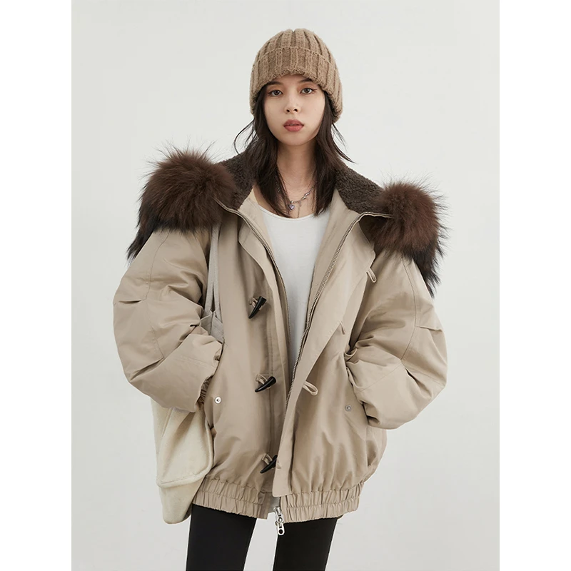 时尚休闲加厚潮流大毛领牛角扣派克服女冬季新款连帽大码洋气棉服