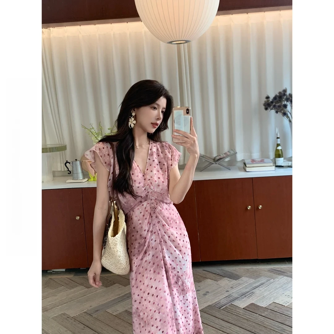 【纯情巴洛克】小个子与常规版 定染粉调扎染收腰荷叶波点V领连衣裙