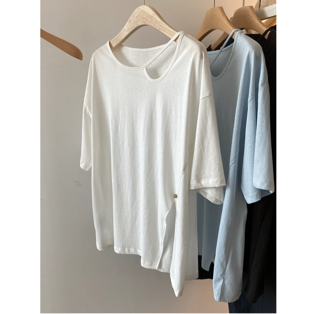 欧货雪花棉圆领t恤女短袖夏新款宽松显瘦简约小众设计不规则上衣