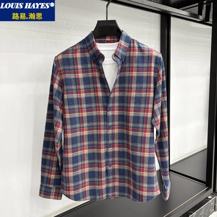 路易瀚思秋季新款磨毛格纹纯棉衬衫上衣复古百搭长袖格子衬衣男装