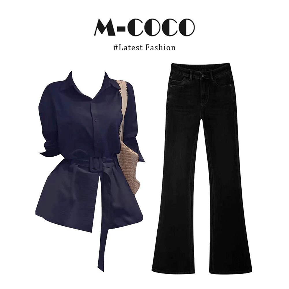 MARIE.COCO韩系酷飒拽姐V领防晒长袖衬衫上衣搭配微喇牛仔裤套装
