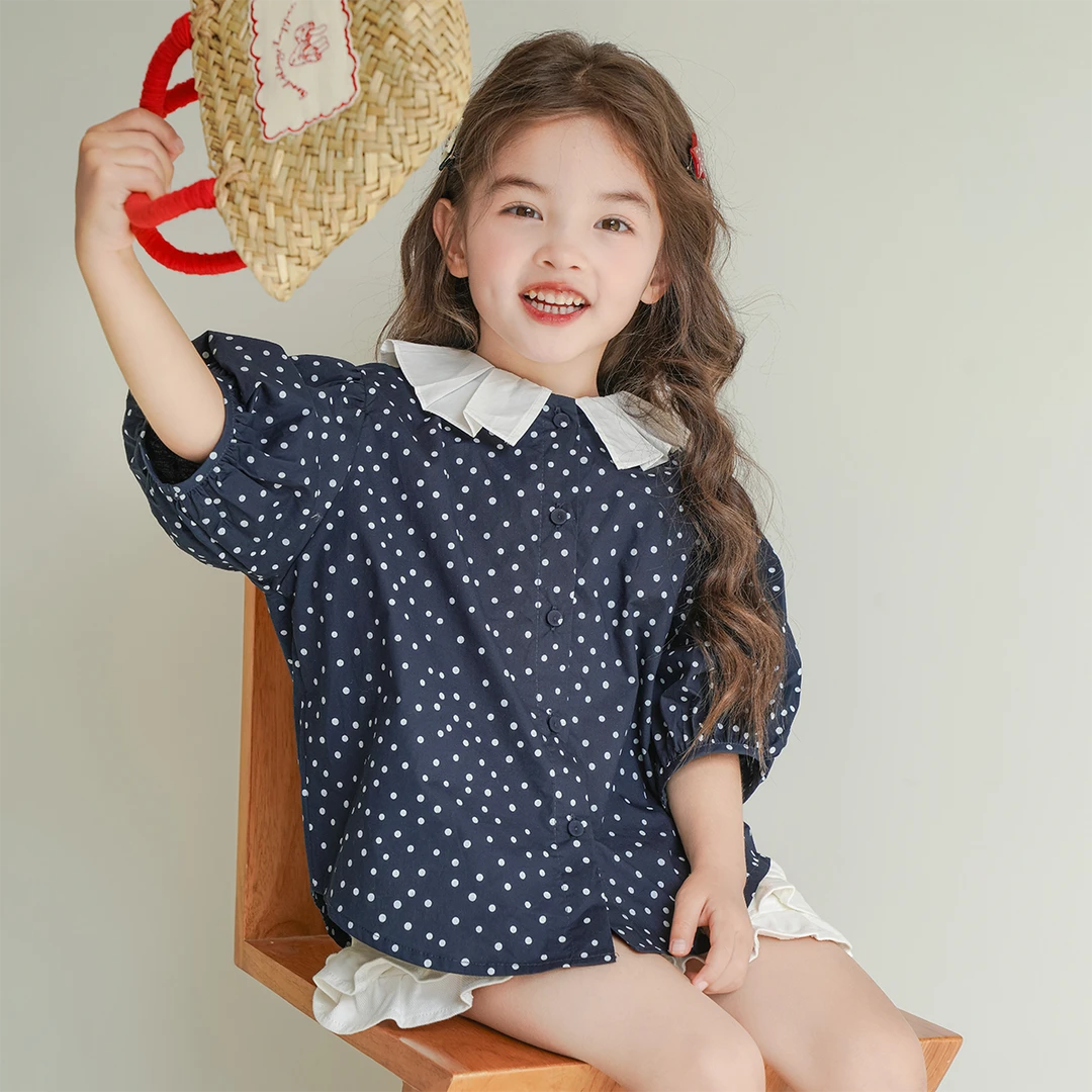 现货【西诺】100棉3762女童夏装时尚波点女宝娃娃衫百搭短袖衬衫